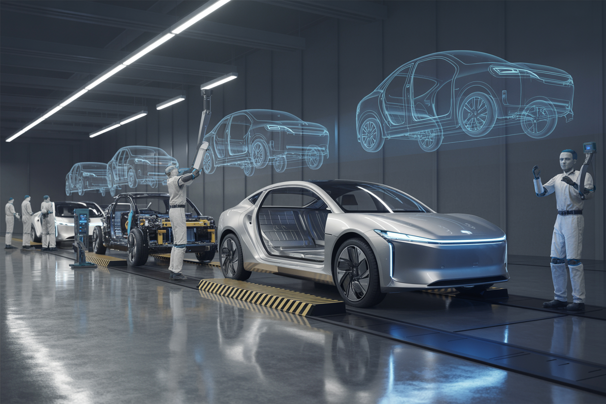 Create a realistic image of a modern automotive manufacturing facility showcasing revolutionary electric vehicle technologies, featuring sleek futuristic EV prototypes with exposed advanced battery systems and electric motors on assembly lines, robotic arms installing cutting-edge components, holographic displays showing technical schematics floating above the vehicles, bright LED lighting illuminating the high-tech workspace, polished concrete floors reflecting the innovative machinery, a mix of traditional automotive assembly equipment integrated with next-generation EV manufacturing tools, creating an atmosphere of technological disruption and innovation in the automotive industry, absolutely NO text should be in the scene.