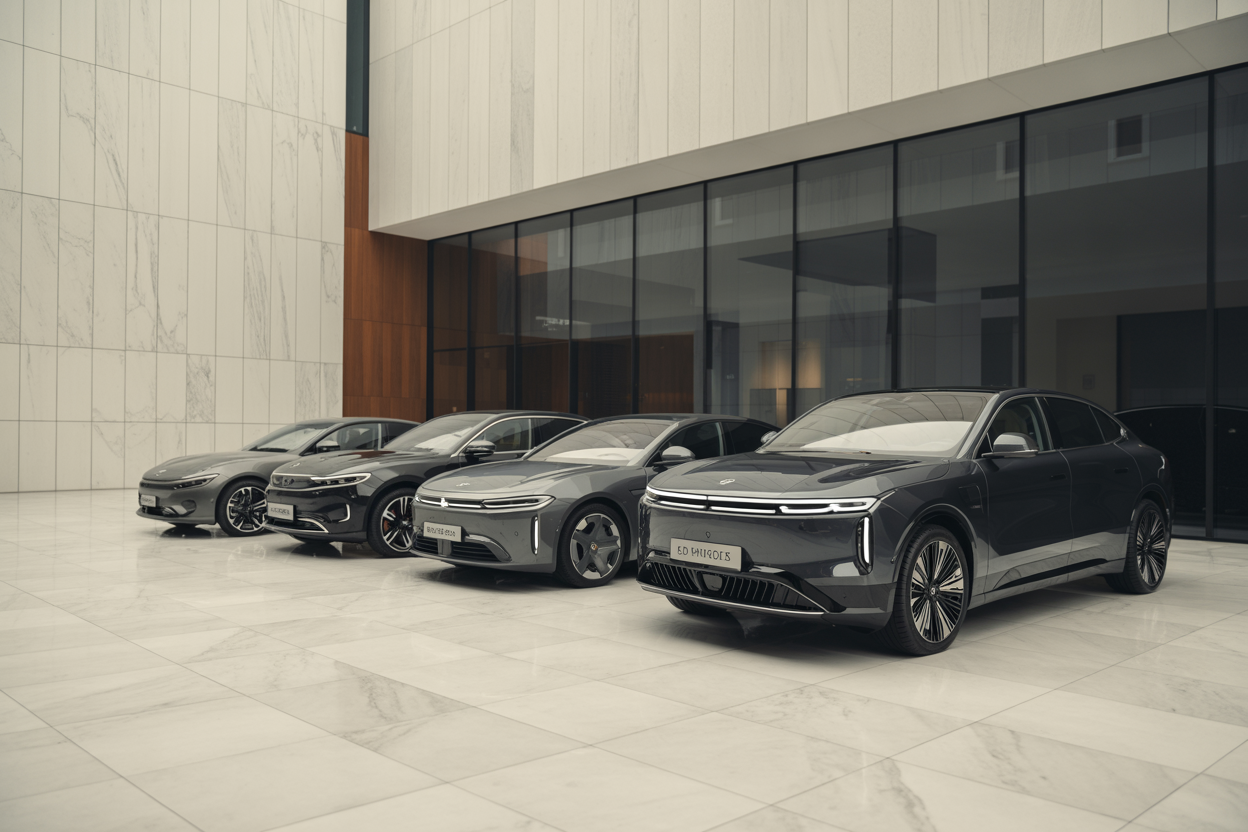 Create a realistic image of sleek European luxury electric vehicles parked in an elegant modern showroom with marble floors and floor-to-ceiling glass windows, featuring premium electric sedans and SUVs with distinctive European design aesthetics, sophisticated lighting highlighting the vehicles' curves and premium materials, clean minimalist architecture in the background, and a refined upscale atmosphere that conveys innovation and luxury in electric mobility, absolutely NO text should be in the scene.