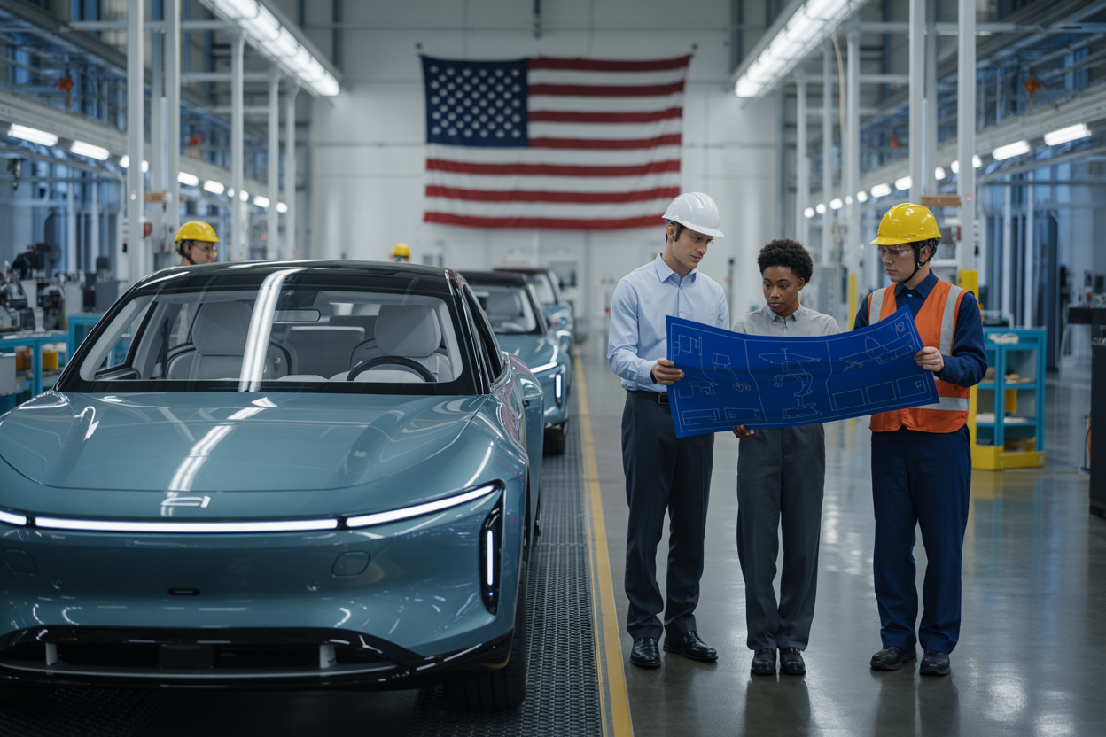 Create a realistic image of a modern American electric vehicle manufacturing facility with sleek, futuristic electric cars and trucks on an assembly line, featuring gleaming metallic surfaces and LED lighting, with a diverse group of engineers including a white male, black female, and Asian male wearing safety gear examining blueprints and electric vehicle components, set against a backdrop of the American flag subtly displayed on the facility wall, with bright industrial lighting creating a sense of innovation and progress, conveying an atmosphere of cutting-edge technology and American manufacturing excellence. Absolutely NO text should be in the scene.