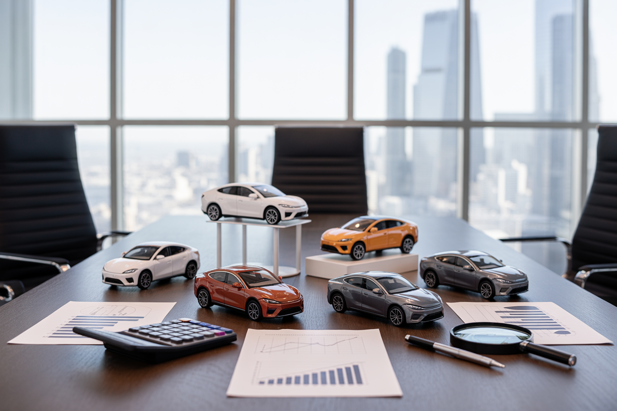Create a realistic image of a modern business analysis scene featuring a sleek conference table with multiple electric vehicle toy models positioned at different points, some elevated on small pedestals to represent success and others placed lower to show varying performance levels, with data charts and performance graphs spread across the table surface, complemented by a calculator, pen, and magnifying glass as analytical tools, set against a contemporary office background with large windows showing city skyline, under bright natural lighting that emphasizes the contrast between winning and struggling positions, conveying a professional analytical mood focused on evaluation and comparison, absolutely NO text should be in the scene.