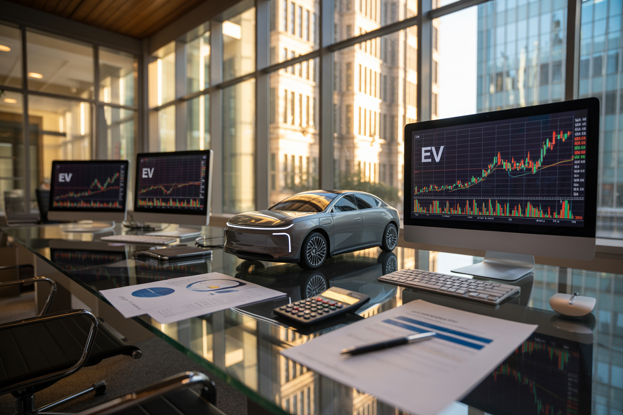 Create a realistic image of a modern financial workspace with multiple computer monitors displaying colorful stock charts, EV company logos, and upward trending graphs, a sleek electric vehicle model positioned on a glass desk alongside financial documents and investment reports, golden hour lighting streaming through large windows creating warm reflections on polished surfaces, a sophisticated urban office environment with glass and steel architecture visible in the background, calculator and pen scattered near the documents, overall mood conveying opportunity and growth potential, absolutely NO text should be in the scene.