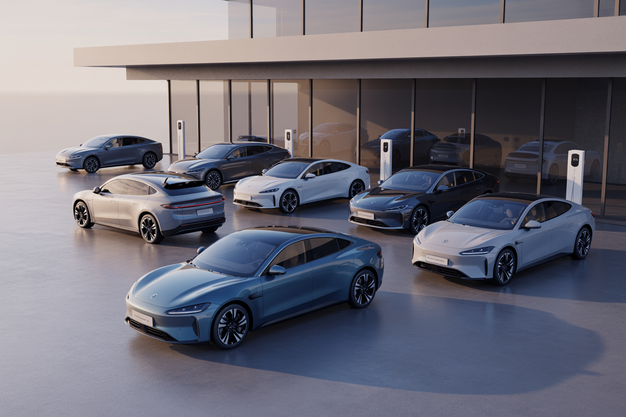 Create a realistic image of multiple sleek electric vehicles from different manufacturers parked in a modern, minimalist showroom with polished concrete floors and large glass windows, featuring a mix of sedans, SUVs, and sports cars in various colors including metallic blue, pearl white, and matte black, with subtle LED accent lighting highlighting the vehicles' curves and futuristic design elements, soft natural daylight streaming through floor-to-ceiling windows creating gentle reflections on the car surfaces, clean architectural lines in the background suggesting innovation and premium quality, with charging stations discretely integrated into the scene, conveying a sense of technological advancement and market success in the electric vehicle industry, absolutely NO text should be in the scene.