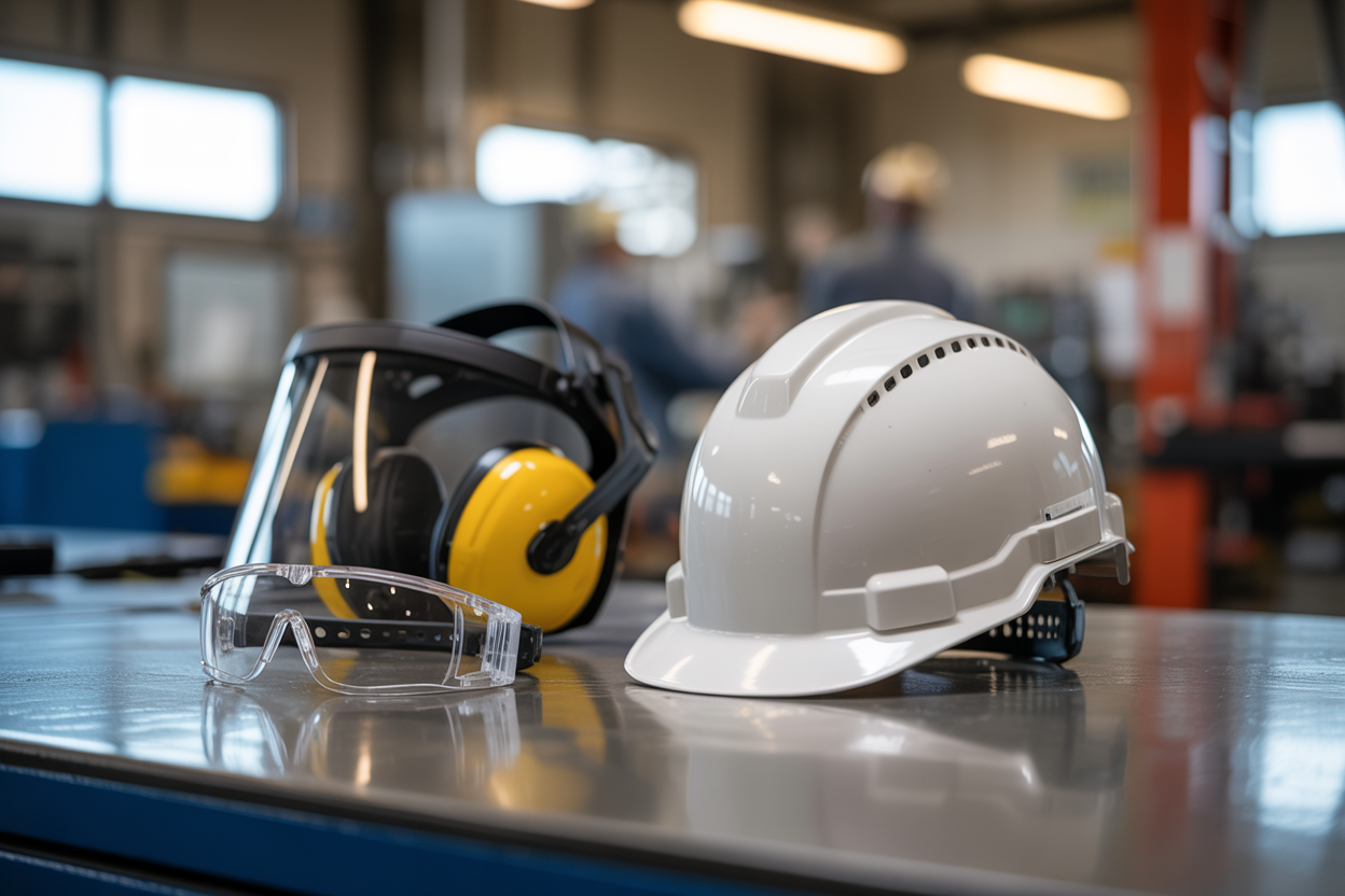 Create a realistic image of essential industrial head and eye protection equipment including a white hard hat, safety goggles, face shield, and protective eyewear arranged on a clean metallic workbench surface in an industrial setting with soft natural lighting from overhead, showing the equipment clearly and professionally displayed with a blurred industrial background featuring machinery and equipment, maintaining focus on the safety gear in the foreground, absolutely NO text should be in the scene.