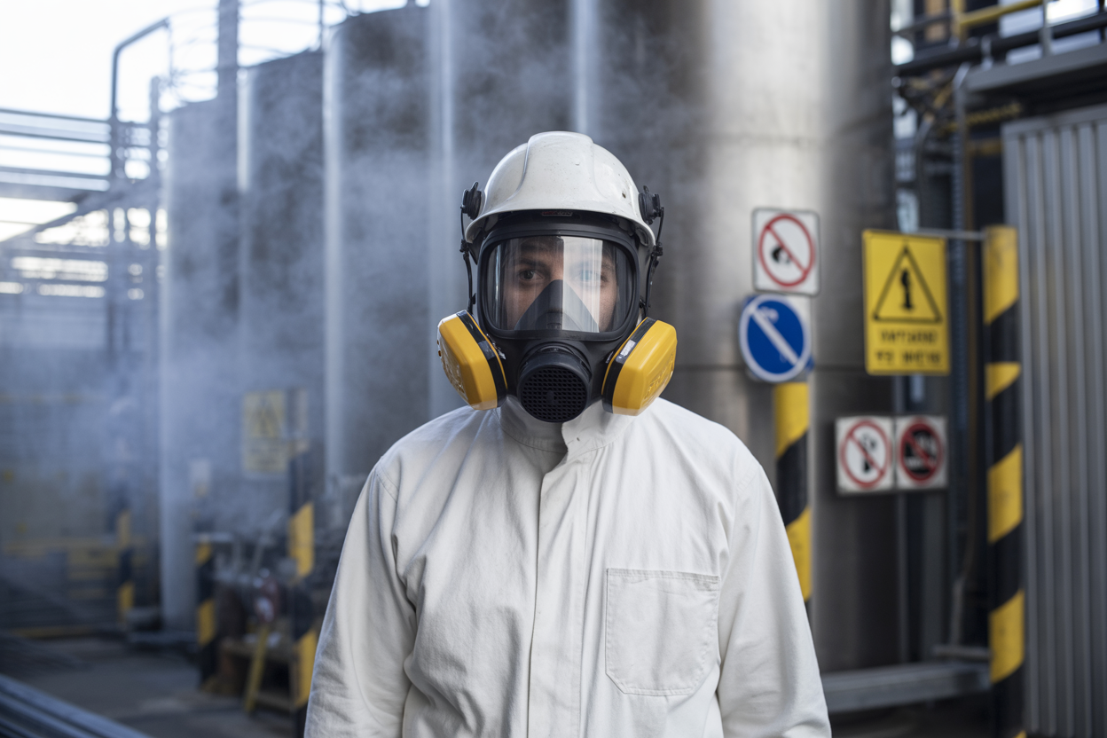 Create a realistic image of an industrial worker wearing a full-face respirator mask and protective gear standing in a hazardous industrial environment with chemical storage tanks and warning signs in the background, featuring a white male worker in safety coveralls, hard hat, and complete respiratory protection equipment, with industrial lighting creating a serious workplace safety atmosphere, vapor or mist visible in the air suggesting airborne hazards, absolutely NO text should be in the scene.
