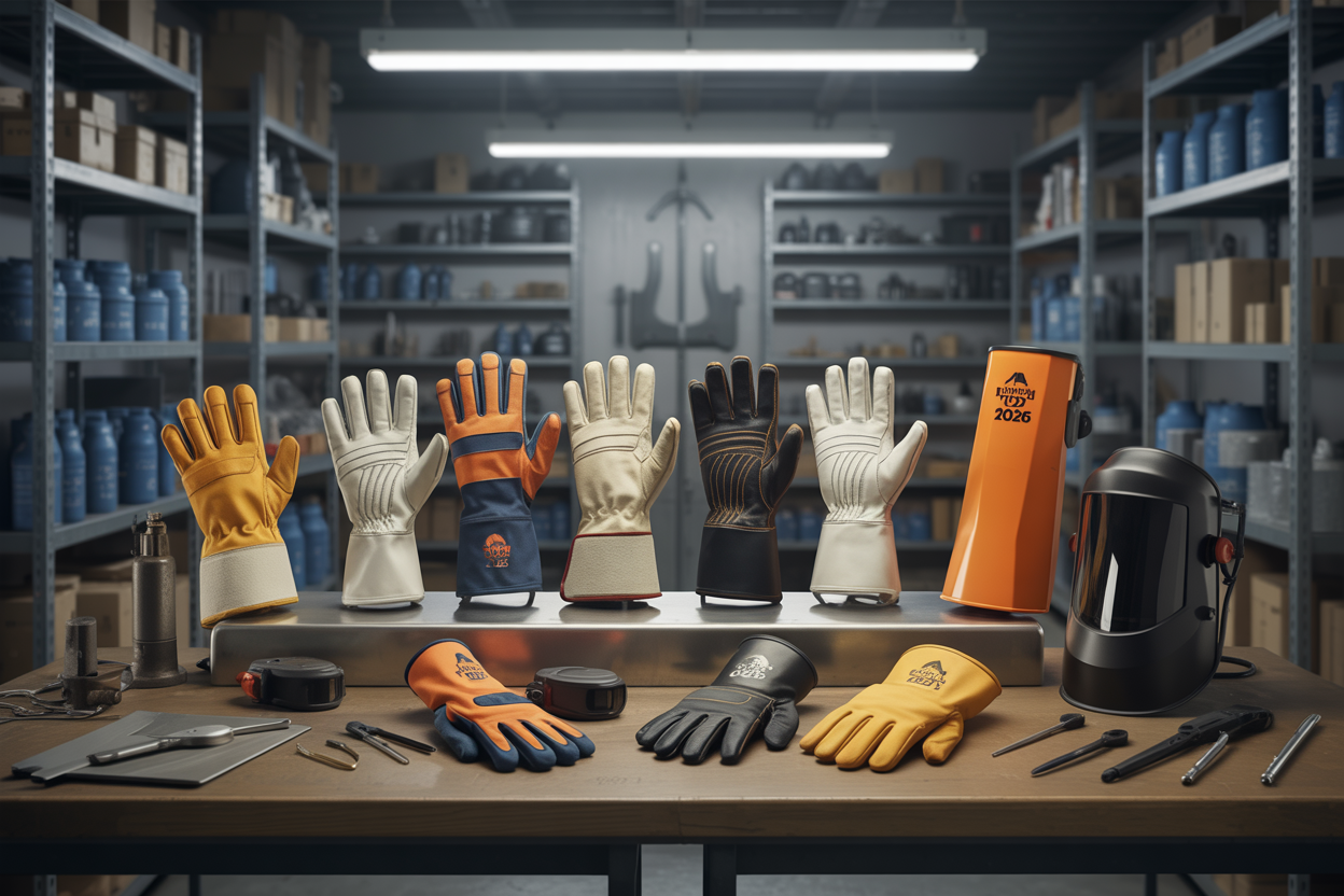 Create a realistic image of various hand and arm protection equipment for industrial workers displayed on a clean workbench, including heavy-duty work gloves, cut-resistant gloves, chemical-resistant gloves, leather welding gloves, and arm guards, with some equipment showing modern 2026 design features like smart sensors or advanced materials, set in a well-lit industrial supply room with metal shelving in the background, professional lighting highlighting the protective gear details. Absolutely NO text should be in the scene.