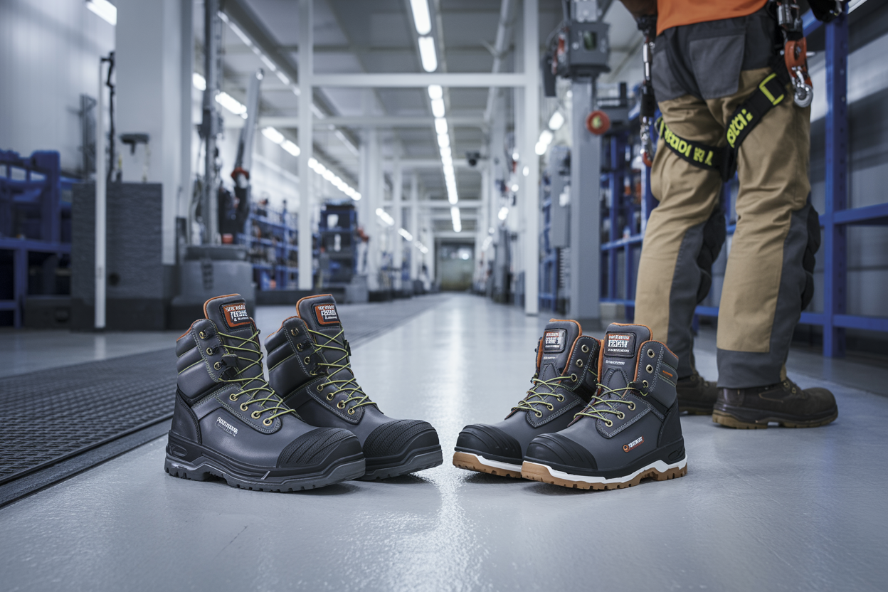 Create a realistic image of industrial safety boots and footwear displayed prominently in the foreground, showing steel-toed work boots, slip-resistant soles, and ankle-high protective footwear in various styles, positioned on a clean industrial factory floor with metal grating and concrete surfaces, complemented by mobility safety equipment like knee pads and safety harnesses visible in the background, captured in bright industrial lighting that emphasizes the protective features and durability of the footwear, with a professional workplace atmosphere that conveys safety and reliability, absolutely NO text should be in the scene.