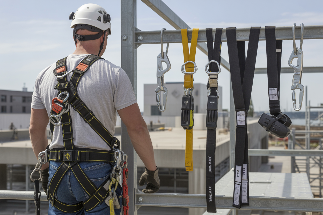 Create a realistic image of a white male industrial worker wearing a full-body safety harness with multiple attachment points and carabiners, positioned on an elevated steel platform or scaffolding structure, with additional fall protection equipment including safety lanyards, shock absorbers, and retractable lifelines displayed prominently in the foreground, set against an industrial construction site background with steel beams and concrete structures, bright daylight lighting highlighting the safety equipment details and metallic textures, absolutely NO text should be in the scene.