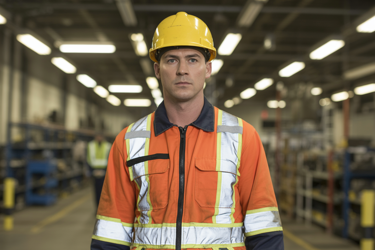 Create a realistic image of a white male industrial worker wearing bright orange high-visibility safety vest with reflective silver strips, yellow hard hat, and reflective safety pants standing in an industrial warehouse setting with concrete floors, metal shelving, and industrial equipment in the background, well-lit with fluorescent lighting that makes the reflective strips clearly visible and bright, absolutely NO text should be in the scene.