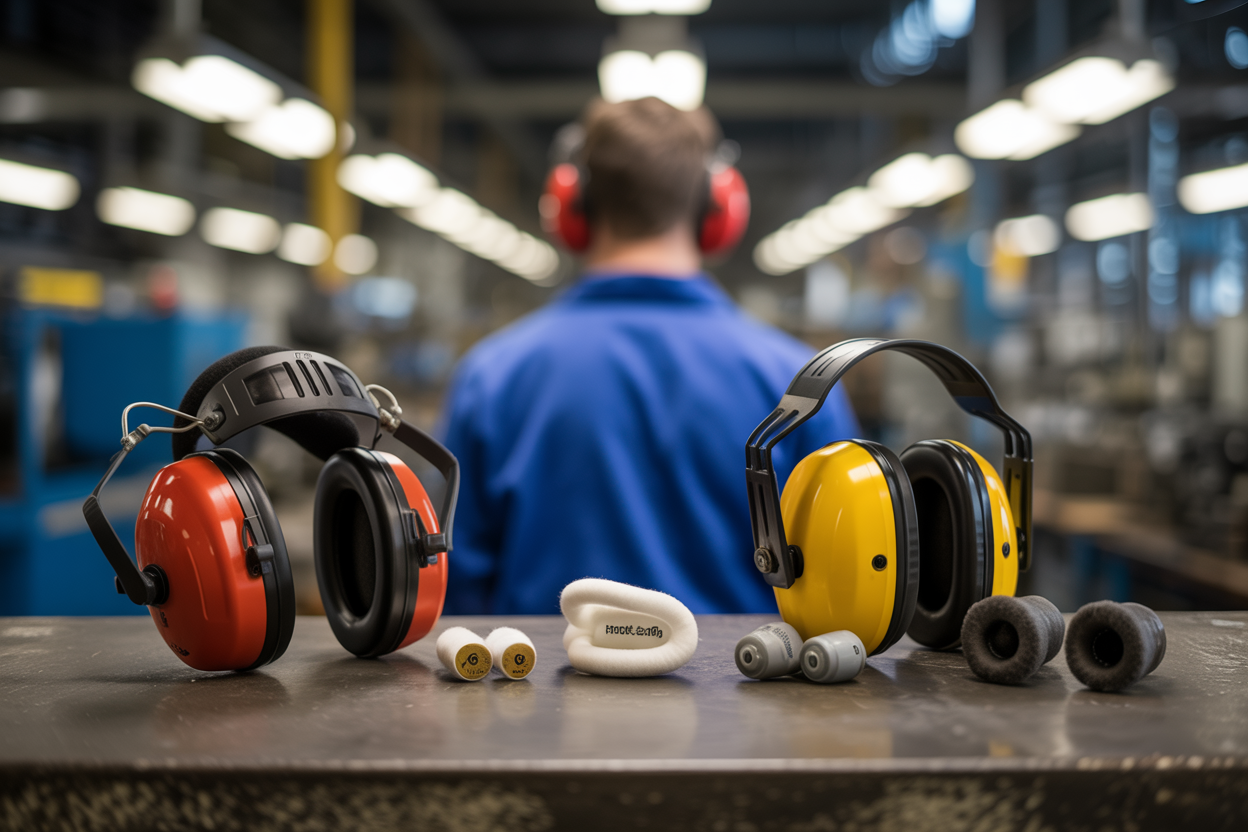 Create a realistic image of an industrial worker wearing protective earmuffs and earplugs in a noisy factory environment, showing a close-up view of various hearing protection equipment including over-ear noise-canceling headphones, foam earplugs, and silicone ear protectors arranged on a metal workbench, with industrial machinery and equipment blurred in the background, bright fluorescent lighting overhead, capturing the essential safety gear needed for noise control in industrial settings, absolutely NO text should be in the scene.