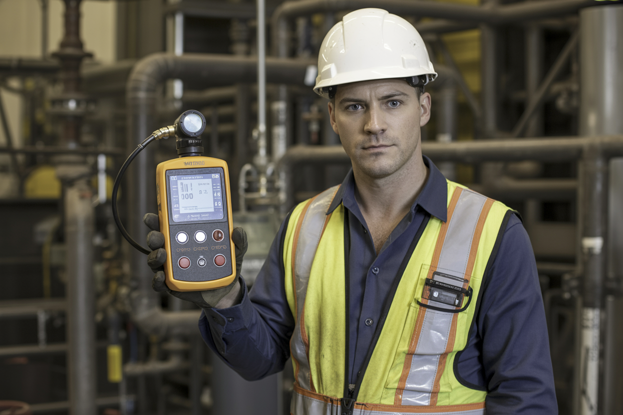 Create a realistic image of a white male industrial worker in a hard hat and high-visibility vest holding a portable gas detection device with digital display and multiple sensors, standing in an industrial facility with pipes and machinery in the background, professional lighting highlighting the safety equipment, serious and focused mood emphasizing workplace safety, absolutely NO text should be in the scene.