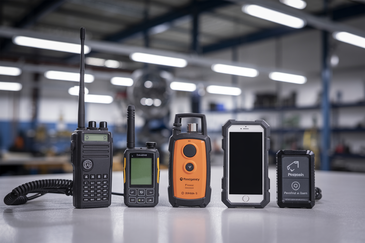 Create a realistic image of emergency communication and location equipment laid out on a clean industrial workbench, featuring a two-way radio with antenna, a GPS tracking device, an emergency beacon, a smartphone in a rugged protective case, and a personal alarm device, with an industrial warehouse background showing steel beams and equipment, under bright fluorescent lighting that clearly illuminates all the safety devices, absolutely NO text should be in the scene.