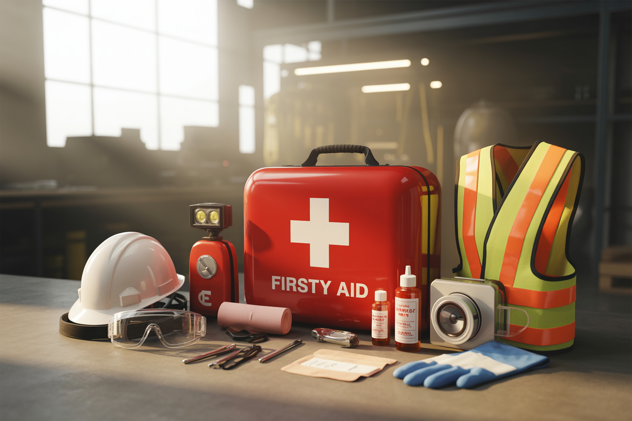 Create a realistic image of portable safety equipment and first aid essentials neatly arranged on a clean industrial workbench, featuring a bright red first aid kit with white cross symbol, safety goggles, hard hat, high-visibility vest, emergency flashlight, portable eyewash station, safety gloves, emergency whistle, and basic medical supplies like bandages and antiseptic bottles scattered around, with soft natural lighting coming from the left side creating gentle shadows, industrial warehouse background slightly blurred, professional and organized arrangement suggesting workplace preparedness, clean and well-maintained equipment indicating modern 2026 safety standards, absolutely NO text should be in the scene.