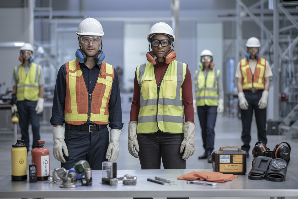 Create a realistic image of a diverse group of industrial workers including a white male and black female worker standing confidently in a modern industrial facility, both fully equipped with comprehensive safety gear including hard hats, safety glasses, high-visibility vests, work gloves, steel-toe boots, and respiratory masks hanging around their necks, with various safety equipment like gas detection devices, first aid kits, fall protection harnesses, and hearing protection visibly arranged on a clean workbench in the foreground, set against a bright, well-lit industrial background with metal structures and machinery, conveying a professional and safety-focused atmosphere that emphasizes preparedness and protection, absolutely NO text should be in the scene.