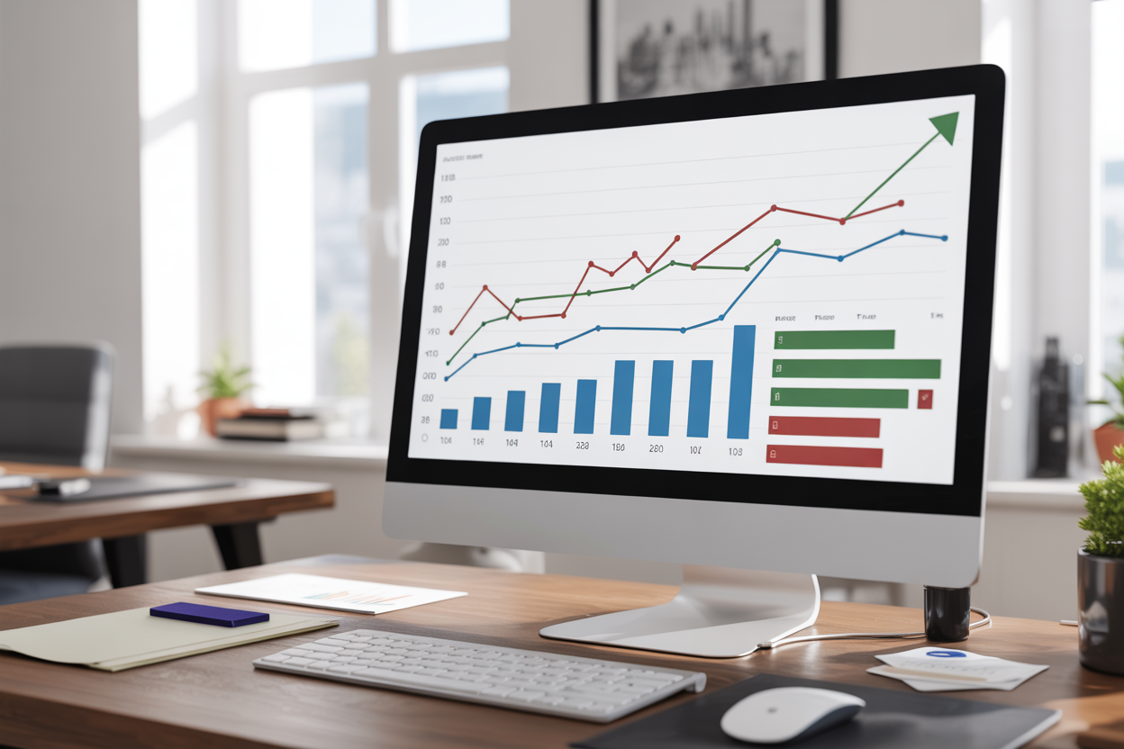 Create a realistic image of a modern computer monitor displaying colorful analytics dashboard with upward trending line graphs and bar charts showing website traffic data, positioned on a clean white desk in a bright office environment with soft natural lighting from a window, featuring green and blue color schemes in the charts to represent growth and data visualization. Absolutely NO text should be in the scene.