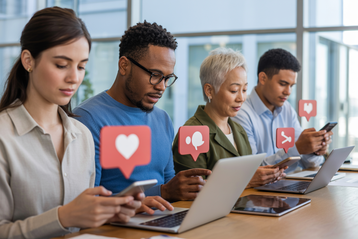 Create a realistic image of a diverse group of people representing different demographics - including a young white female, middle-aged black male, elderly Asian woman, and young Hispanic male - sitting at laptops and smartphones with engagement icons like hearts, comments, and shares floating subtly above their devices, set against a modern office background with soft natural lighting from large windows, conveying active digital participation and community interaction. Absolutely NO text should be in the scene.