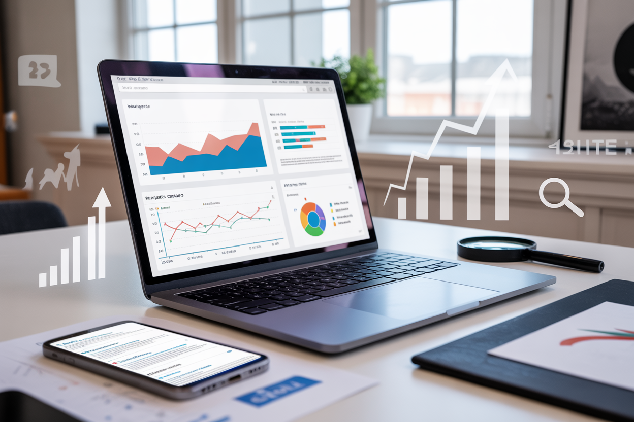 Create a realistic image of a modern laptop computer displaying analytics dashboard with colorful graphs and charts showing website traffic data, positioned on a clean white desk with a smartphone showing search results and a magnifying glass nearby, surrounded by subtle SEO-related elements like upward trending arrows and search icons floating in the background, bright natural lighting from a window creating a professional workspace atmosphere, absolutely NO text should be in the scene.