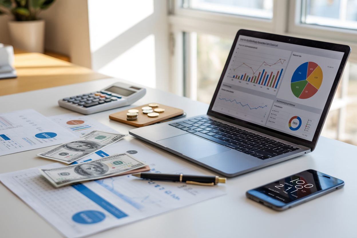 Create a realistic image of a modern laptop computer displaying colorful revenue charts and graphs on the screen, surrounded by scattered dollar bills, coins, and financial documents on a clean white desk, with a calculator, pen, and smartphone showing a monetization dashboard nearby, bright natural lighting from a window creating a professional business atmosphere, absolutely NO text should be in the scene.