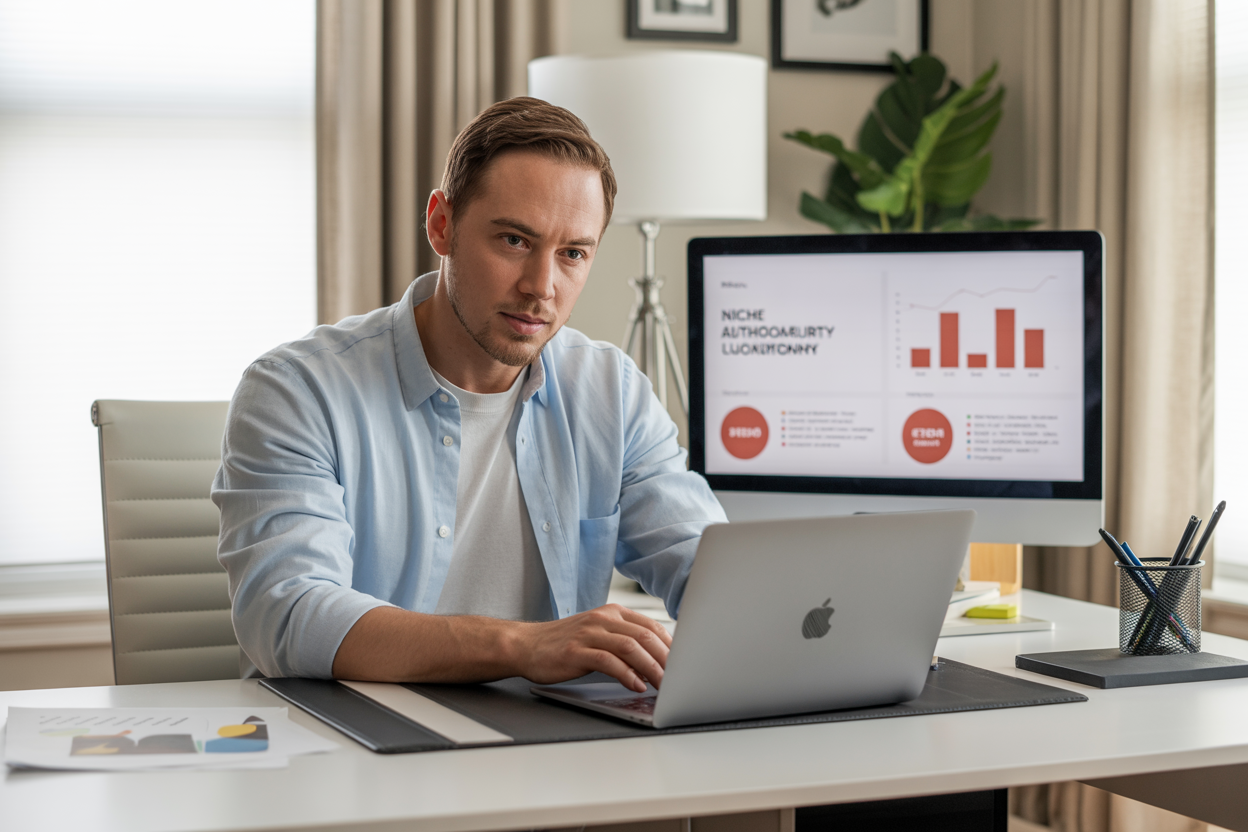 Create a realistic image of a professional white male blogger sitting at a modern desk with a laptop, surrounded by visual elements representing brand alignment including matching color schemes, logos, and brand materials neatly arranged, with charts and graphs showing niche authority metrics displayed on a secondary monitor, set in a clean, well-lit home office environment with natural lighting from a window, conveying expertise and professionalism, absolutely NO text should be in the scene.