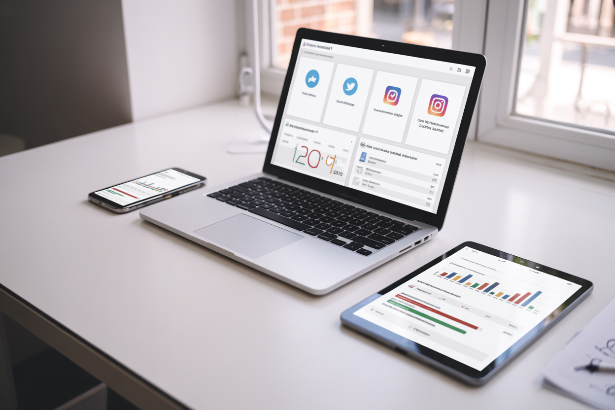 Create a realistic image of a modern workspace featuring a laptop displaying multiple social media platform icons and analytics dashboards on the screen, surrounded by a smartphone and tablet showing different social media feeds, with colorful engagement metrics graphs and charts visible on the devices, set on a clean white desk with soft natural lighting from a window, creating a professional and contemporary atmosphere that conveys digital marketing and cross-platform social media management, absolutely NO text should be in the scene.