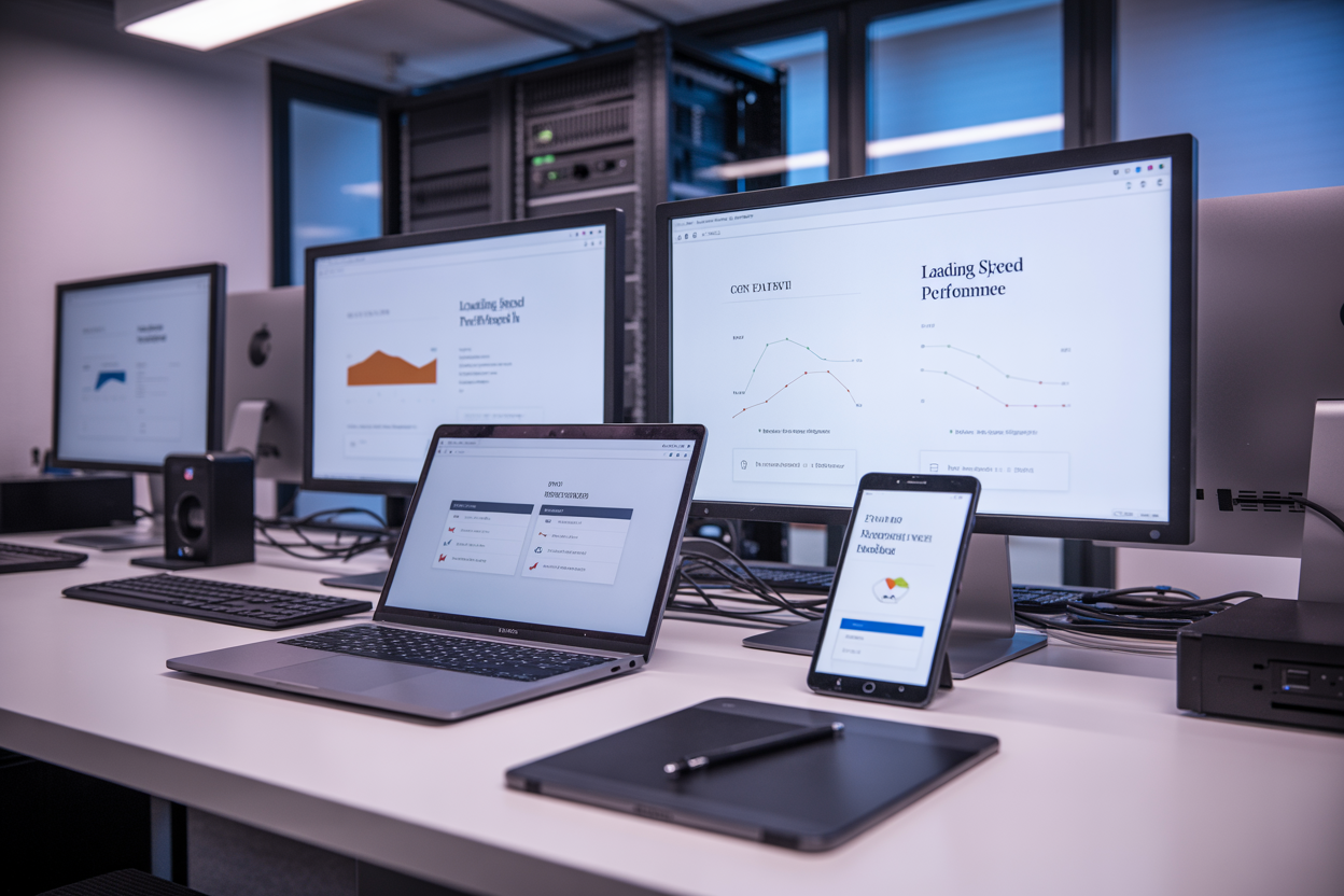 Create a realistic image of a modern computer workstation with multiple monitors displaying website analytics dashboards, loading speed metrics, and performance graphs, featuring a sleek laptop, smartphone, and tablet showing responsive website designs, with professional lighting in a clean office environment, cables organized neatly, and technical equipment like servers or networking devices visible in the background, conveying a professional tech atmosphere with cool blue and white lighting, absolutely NO text should be in the scene.