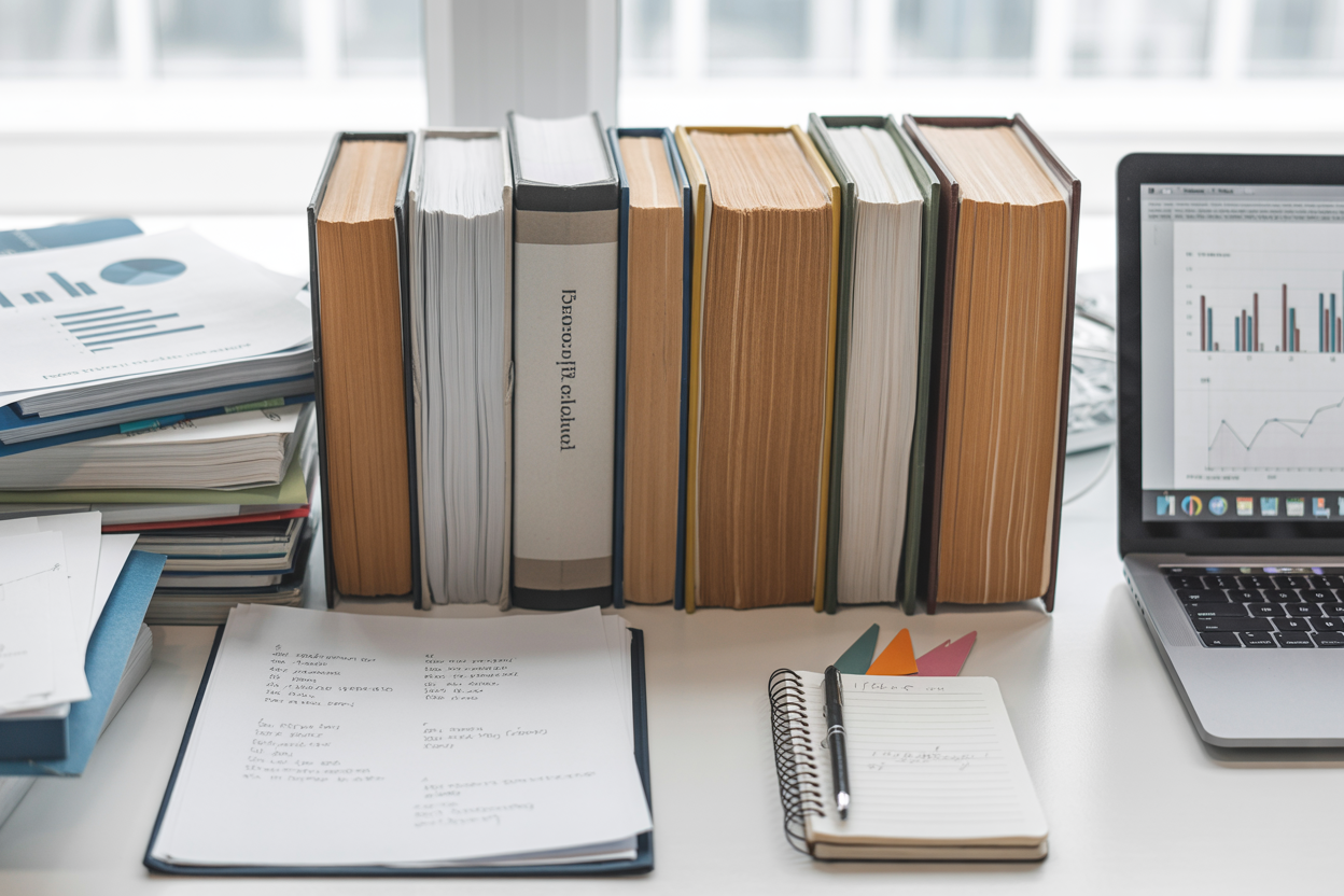 Create a realistic image of a clean, organized desk surface with several open reference books, academic journals, and printed research papers spread out in an orderly manner, alongside a laptop computer displaying charts and graphs, with a stack of business documents and reports nearby, a notepad with handwritten notes, and a few colorful bookmarks protruding from thick reference volumes, set against a bright, professional office environment with natural lighting from a window, conveying a scholarly and research-focused atmosphere, absolutely NO text should be in the scene.
