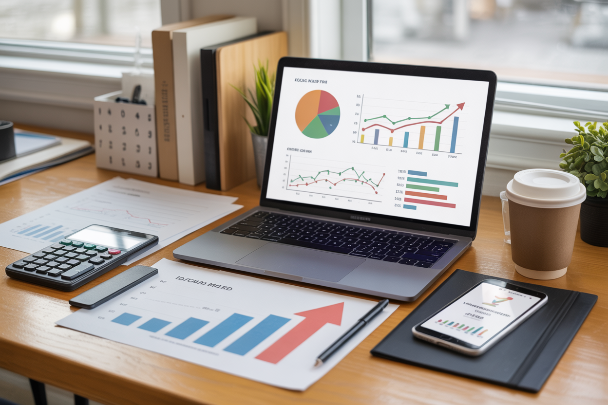 Create a realistic image of a modern office desk setup with a laptop displaying colorful analytics charts and graphs, surrounded by various business elements including a calculator, smartphone showing social media metrics, printed reports with upward trending arrow graphics, a coffee cup, and a pen, with soft natural lighting from a window creating a professional atmosphere that conveys successful blog monetization and sponsor investment analysis, absolutely NO text should be in the scene.