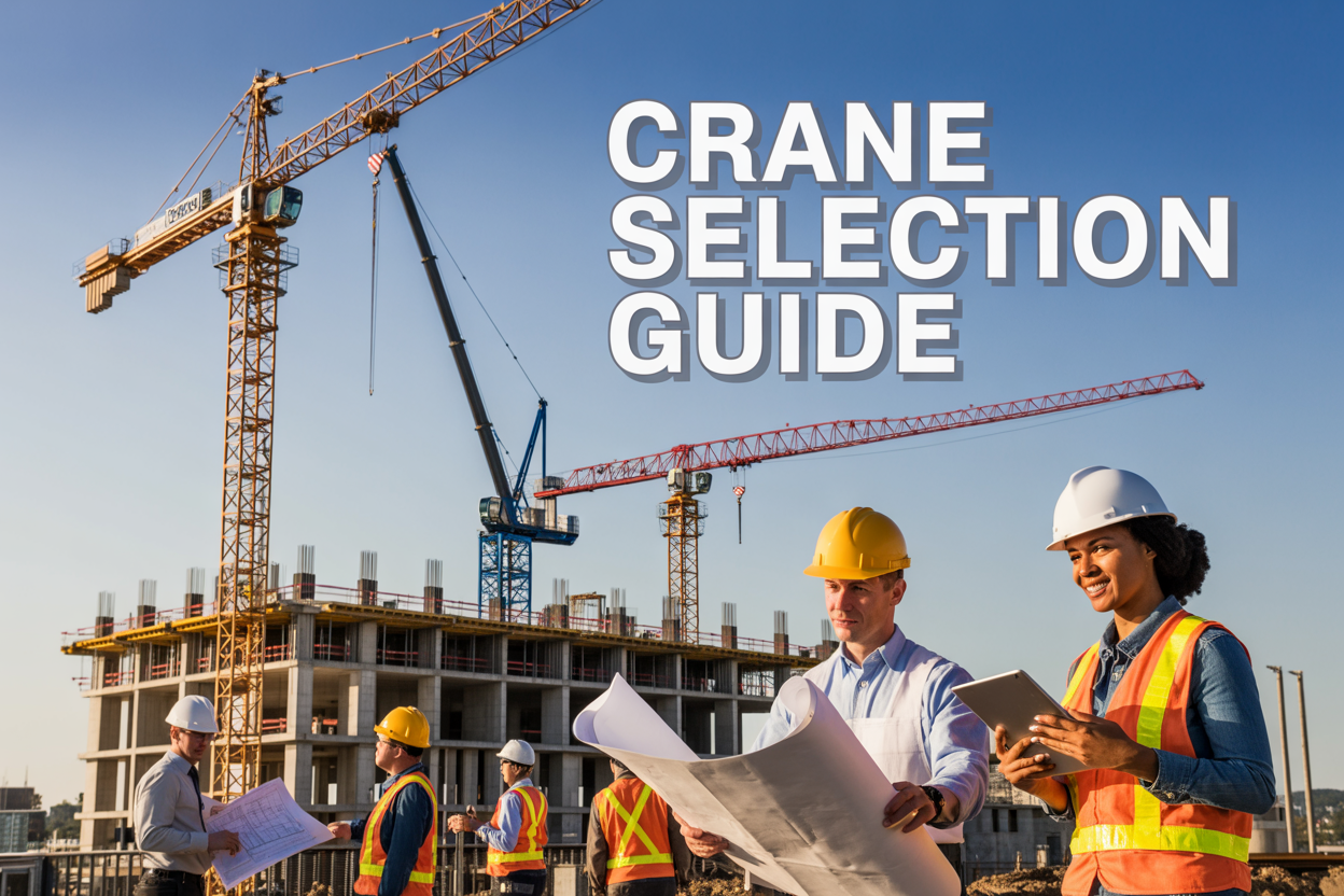 Create a realistic image of a busy construction site showcasing multiple types of cranes including a tall tower crane, a mobile crane, and a crawler crane working on a large building project, with construction workers wearing hard hats and safety vests in the foreground, featuring diverse workers including a white male engineer holding blueprints and a black female supervisor with a tablet, against a clear blue sky background with the text "CRANE SELECTION GUIDE" prominently displayed in bold, professional lettering overlaid on the upper portion of the image, with warm natural daylight illuminating the entire scene and creating a productive, professional construction atmosphere.