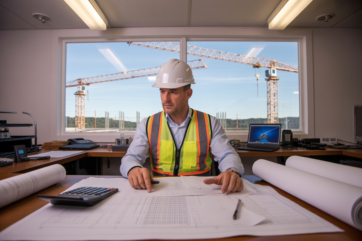 Create a realistic image of a construction site office with a white male engineer in a hard hat and safety vest sitting at a desk with technical documents, load calculation charts, and blueprints spread out, with a calculator and laptop computer visible on the desk, large construction cranes visible through the window in the background, professional lighting from overhead fluorescent fixtures, clean organized workspace atmosphere. Absolutely NO text should be in the scene.