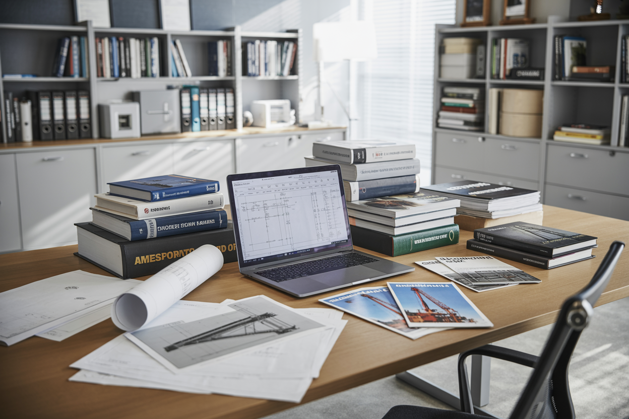 Create a realistic image of a professional construction office desk with organized stacks of technical manuals, engineering books, and construction reference guides spread across the surface, alongside rolled blueprints, a laptop computer displaying construction documentation, and scattered technical pamphlets about crane specifications, with a clean modern office background featuring filing cabinets and bookshelves filled with industry publications, under bright natural lighting from a nearby window, creating a professional and organized atmosphere that represents comprehensive construction resources and documentation. Absolutely NO text should be in the scene.
