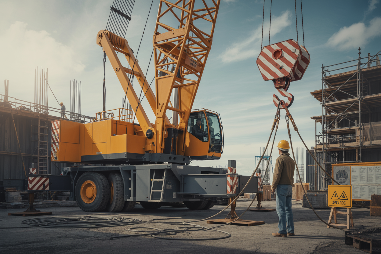 Create a realistic image of a large construction crane at a busy worksite with visible safety hazards including a worker in a hard hat standing dangerously close to the crane's swing radius, loose cables or rigging equipment on the ground, and warning signs posted around the area, set against an industrial construction background with dramatic lighting that emphasizes the serious nature of workplace safety risks, absolutely NO text should be in the scene.