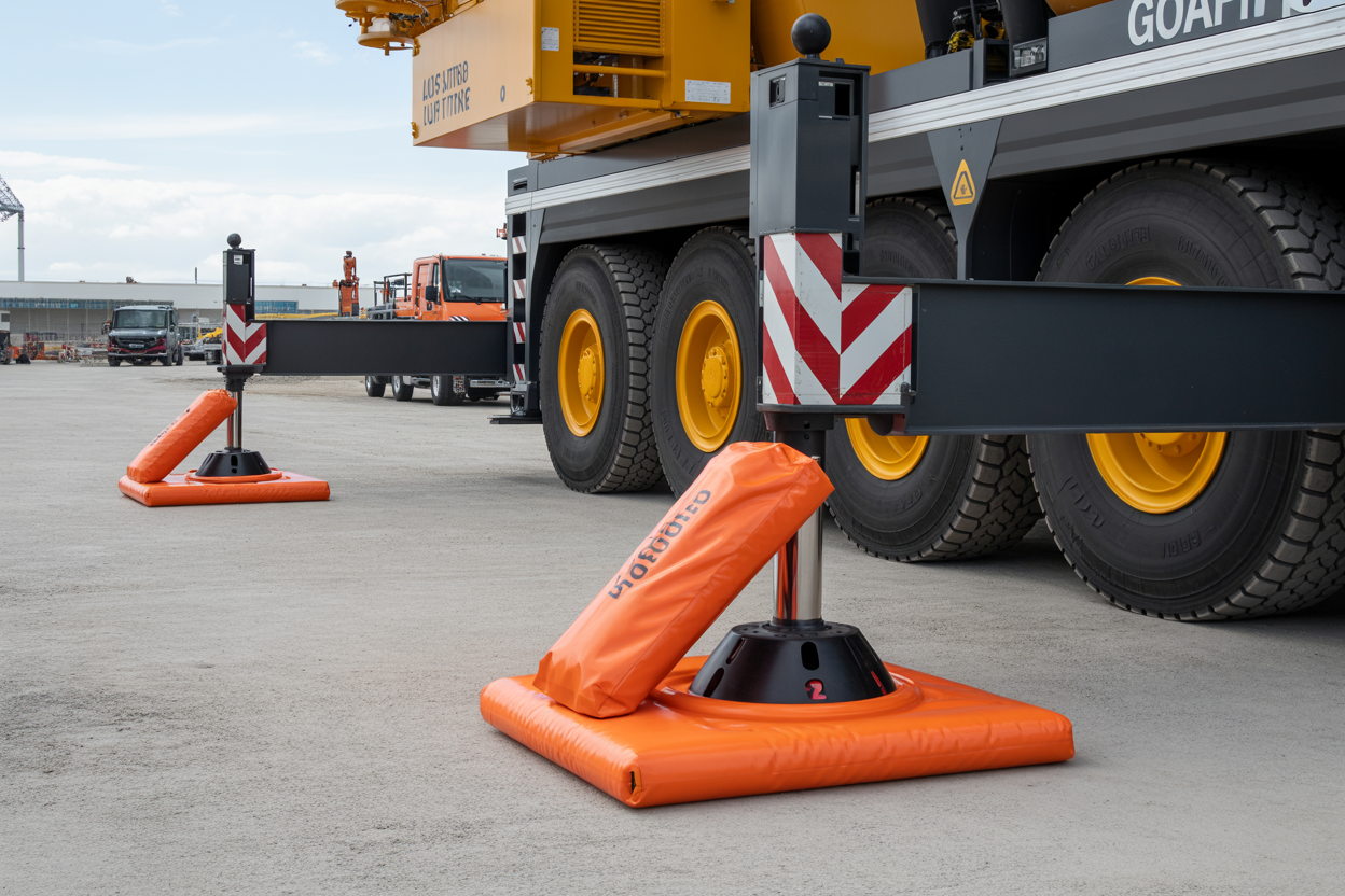 Create a realistic image of crane outrigger protection equipment including bright orange outrigger pads, float pads, and protective covers positioned near the extended outriggers of a large mobile crane on a construction site, with industrial safety equipment clearly visible, concrete ground surface, construction vehicles in the background, clear daylight lighting, and focused view on the safety accessories that protect the crane's stabilizing outriggers, absolutely NO text should be in the scene.