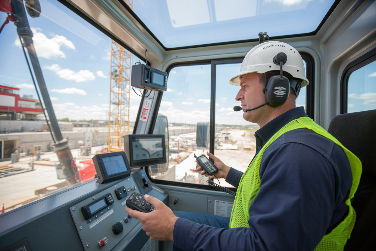Create a realistic image of a crane operator cabin with modern communication equipment including a two-way radio headset, digital display monitors, and wireless communication devices mounted on the control panel, showing a white male crane operator wearing a hard hat and high-visibility vest using the communication technology while operating the crane controls, industrial construction site visible through the cabin windows in the background, bright daylight with clear visibility, professional workplace atmosphere, absolutely NO text should be in the scene.