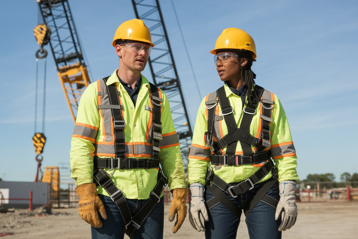 Create a realistic image of a white male crane operator and a black female crane operator standing beside a large construction crane, both wearing complete personal protective equipment including bright yellow hard hats, high-visibility safety vests, safety harnesses with multiple attachment points, steel-toed boots, and work gloves, with additional PPE items like safety glasses and hearing protection visible on their gear, set against a construction site background with clear blue sky, professional industrial lighting, conveying a sense of safety and preparedness, absolutely NO text should be in the scene.