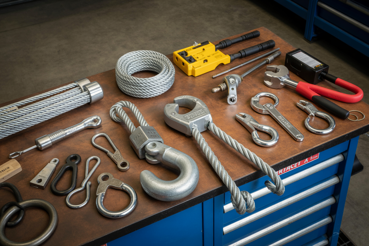 Create a realistic image of essential crane rigging hardware and inspection tools laid out on a workbench, including steel wire rope slings, shackles, lifting hooks, load blocks, and professional inspection equipment like wire rope gauges and torque wrenches, with proper industrial lighting highlighting the metallic surfaces and safety-critical components, set in a clean workshop environment with concrete flooring, absolutely NO text should be in the scene.