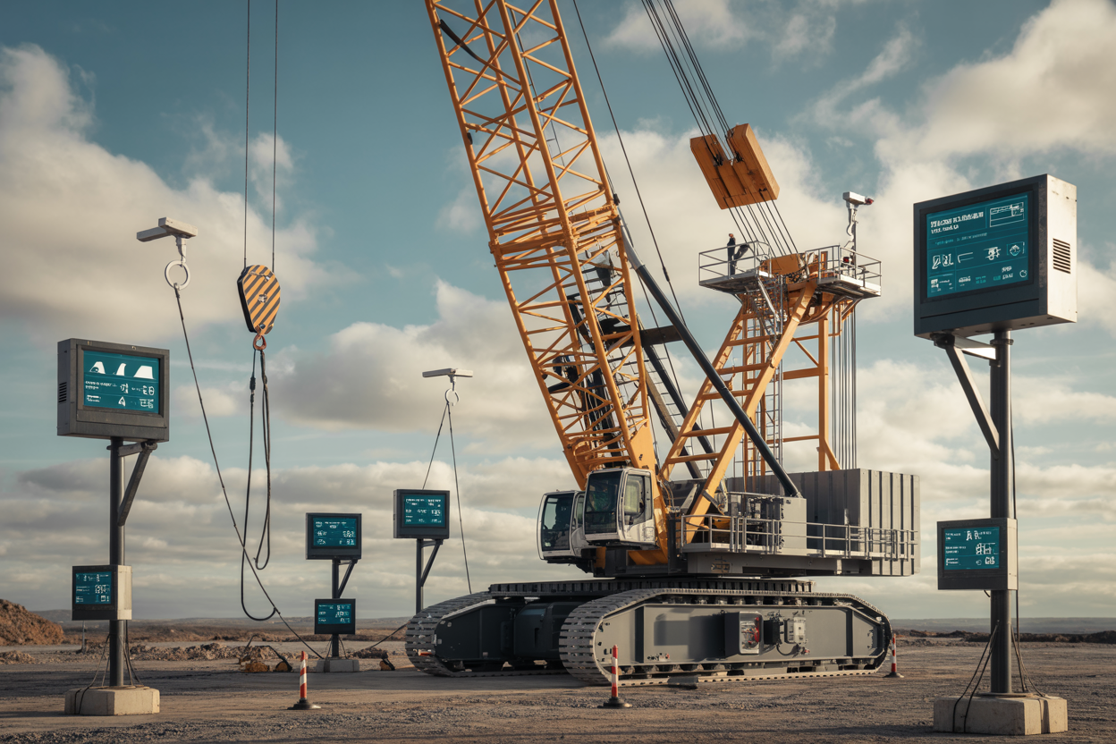 Create a realistic image of a large construction crane at an industrial site with multiple environmental monitoring devices visible, including weather sensors, wind measurement equipment, and air quality monitors mounted on poles and the crane structure, with digital display panels showing environmental readings, safety warning lights, and monitoring stations positioned around the work area, set against a partly cloudy sky with natural lighting that emphasizes the technological safety equipment, absolutely NO text should be in the scene.