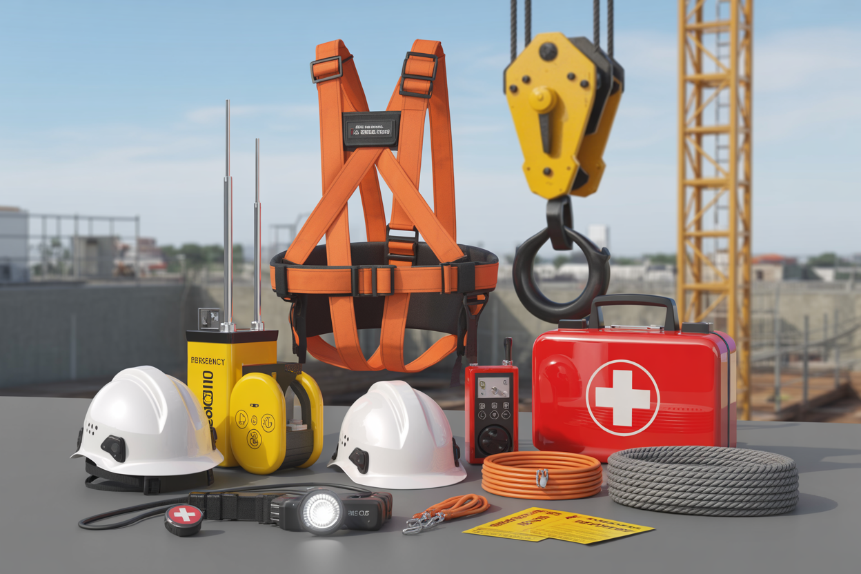 Create a realistic image of emergency response and rescue equipment for crane operations, featuring a bright orange rescue harness with multiple attachment points, a yellow emergency descent device, white hard hats with chin straps, bright red first aid kit with medical cross symbol, emergency communication radio, rescue rope coiled neatly, portable emergency lighting equipment, and safety tags, all arranged on a clean industrial surface near a construction site with a crane visible in the blurred background, bright daylight with clear visibility, professional safety equipment display setup, absolutely NO text should be in the scene.