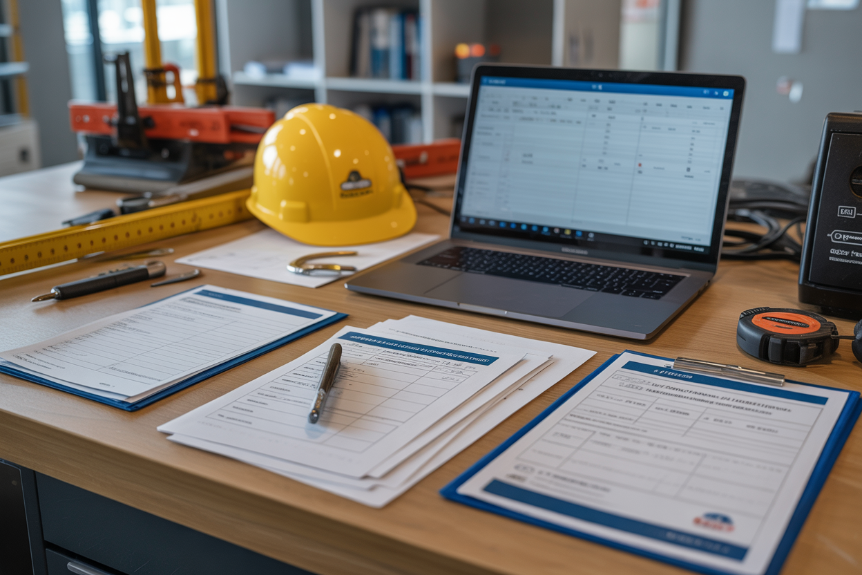 Create a realistic image of a construction site office desk with crane maintenance documentation spread out including inspection checklists, maintenance logs, and safety certificates alongside a laptop computer displaying digital maintenance tracking software, with safety helmets and measuring tools visible in the background, professional indoor lighting, clean organized workspace atmosphere, absolutely NO text should be in the scene.