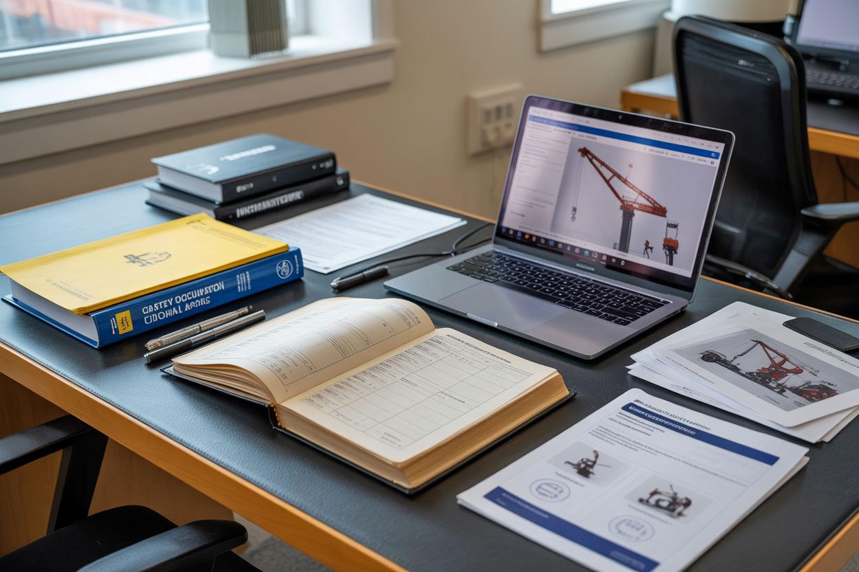 Create a realistic image of a clean, organized desk surface with open technical manuals, safety documentation folders, and reference books about crane operations and industrial safety, accompanied by a laptop computer displaying professional safety resources, with scattered safety certification documents and industry guidelines visible, set in a well-lit professional office environment with soft natural lighting from a nearby window, absolutely NO text should be in the scene.