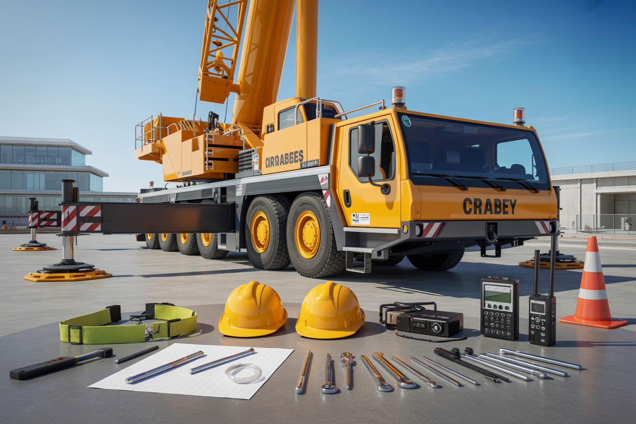 Create a realistic image of a modern construction site with a large mobile crane prominently featured in the center, surrounded by various safety equipment including bright yellow hard hats, safety harnesses, communication radios, and inspection tools neatly arranged on a table, with orange traffic cones and outrigger pads visible around the crane base, under bright daylight with clear blue skies, conveying a professional and safety-focused work environment, absolutely NO text should be in the scene.