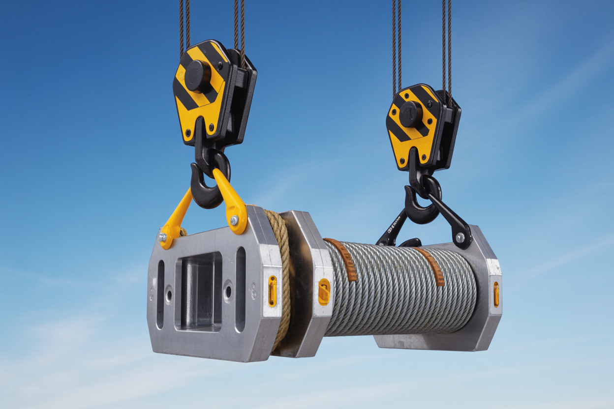 Create a realistic image of a crane load block safety system showing a heavy-duty steel hook block with multiple safety features including a hook latch, load block with sheaves and wire rope, safety catch mechanisms, and overload protection devices, suspended from crane cables against an industrial construction site background with clear blue sky, professional lighting highlighting the metallic surfaces and safety components, absolutely NO text should be in the scene.