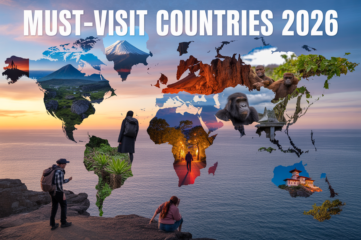 Create a realistic image of a world map collage featuring iconic landmarks and scenes from 10 countries including Mount Fuji from Japan, Portuguese coastal cliffs, Colombian coffee plantations, Rwandan mountain gorillas, Georgian wine vineyards, Uzbekistan's blue-tiled architecture, Madagascar's baobab trees, Albanian Mediterranean coastline, and Bhutanese monasteries in the Himalayas, with diverse travelers of different races and genders exploring these destinations, warm golden lighting suggesting adventure and discovery, with the text "Must-Visit Countries 2026" prominently displayed across the top of the composition.
