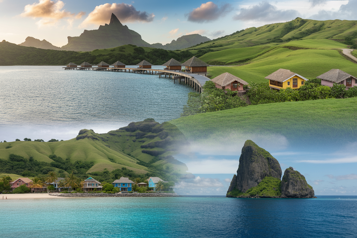 Create a realistic image of a stunning collage-style composition featuring three emerging travel destinations with pristine landscapes - a turquoise lagoon with overwater bungalows, rolling green hills with traditional colorful houses, and a dramatic coastline with unique rock formations, all seamlessly blended together with soft natural lighting and a sense of discovery and adventure, absolutely NO text should be in the scene.