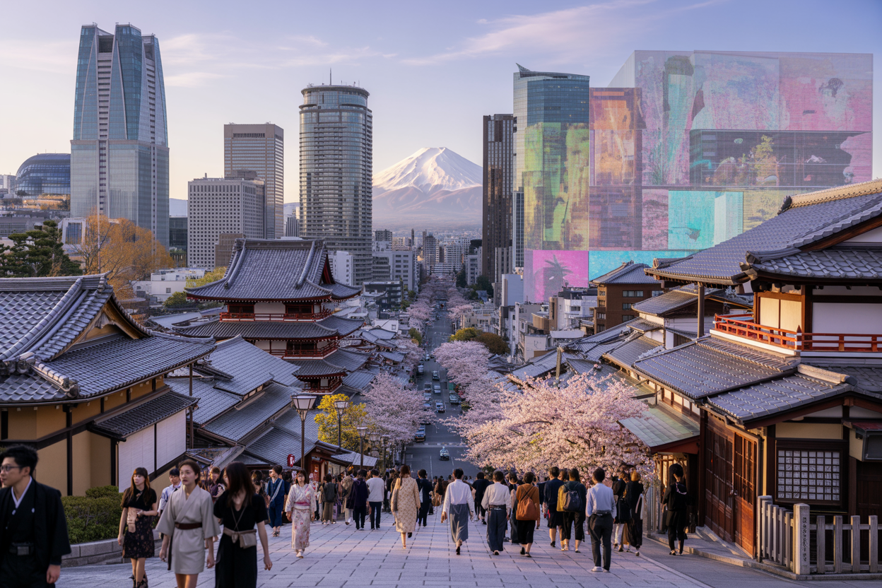 Create a realistic image of a stunning modern Japanese cityscape showcasing traditional temples with curved rooftops alongside futuristic skyscrapers with innovative architectural designs, cherry blossom trees in full bloom lining the streets, bustling pedestrians including Japanese males and females in both traditional kimonos and contemporary fashion walking through a vibrant district, colorful digital art installations and holographic displays integrated into building facades, golden hour lighting casting warm glows on the mix of ancient and ultra-modern structures, with Mount Fuji visible in the distant background, conveying a harmonious blend of Japan's rich cultural heritage and cutting-edge technological advancement in an atmospheric urban setting, absolutely NO text should be in the scene.