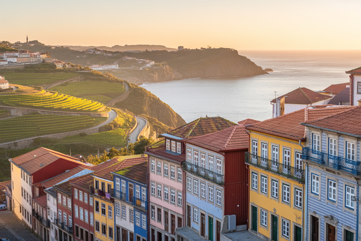 Create a realistic image of Portugal's diverse landscapes featuring the iconic colorful buildings of Porto with their traditional azulejo tiles in the foreground, rolling green vineyards of the Douro Valley in the middle distance, and dramatic coastal cliffs meeting the Atlantic Ocean in the background, with warm golden hour lighting casting a magical glow across the scene, capturing the authentic charm and natural beauty that makes Portugal a must-visit destination, absolutely NO text should be in the scene.