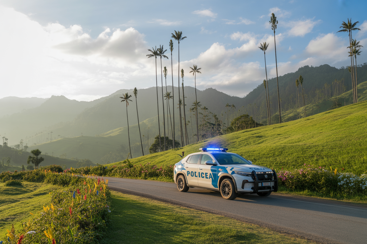 Create a realistic image of Colombia's stunning natural landscape featuring the vibrant Cocora Valley with towering wax palm trees against misty mountain backdrop, a modern police patrol vehicle parked safely on a well-maintained road in the foreground, colorful wildflowers dotting the emerald green hillsides, soft golden hour lighting creating a warm and welcoming atmosphere, clear blue sky with wispy white clouds, conveying both the country's improved security measures and breathtaking biodiversity, absolutely NO text should be in the scene.