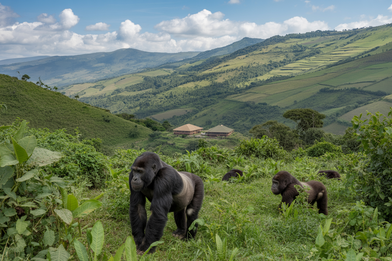 Create a realistic image of lush green rolling hills of Rwanda with endangered mountain gorillas in their natural habitat in the foreground, eco-friendly safari lodges nestled among the vegetation in the middle distance, and terraced agricultural fields on distant hillsides under a bright sunny sky with scattered white clouds, showcasing the harmony between wildlife conservation and sustainable development. Absolutely NO text should be in the scene.