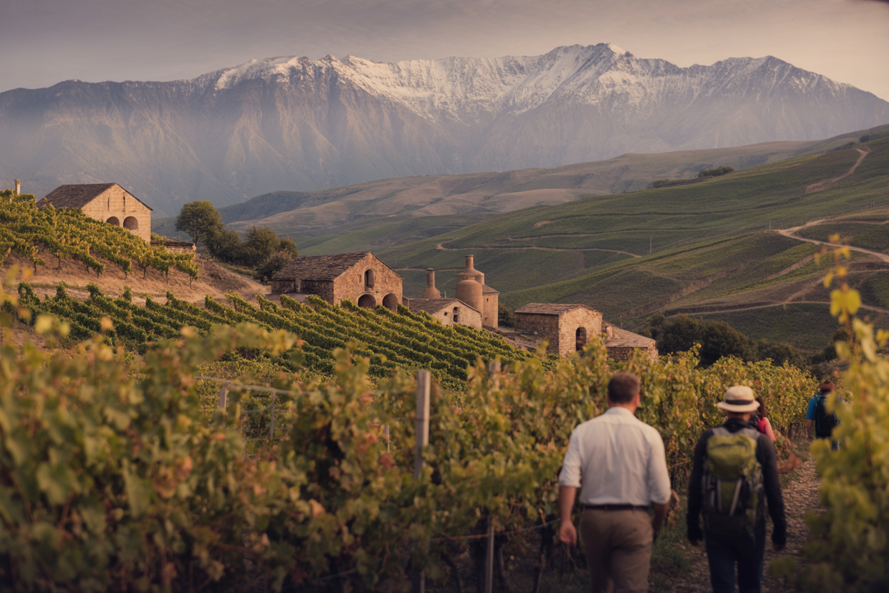 Create a realistic image of rolling vineyard hills with traditional Georgian wine cellars carved into hillsides, ancient grapevines heavy with clusters, and the dramatic snow-capped Caucasus Mountains rising majestically in the background, with hiking trails winding through alpine meadows, warm golden hour lighting casting long shadows across the landscape, a few white and Georgian hikers with backpacks walking distant mountain paths, traditional clay wine vessels (qvevri) partially visible near rustic stone buildings, creating a perfect blend of wine country charm and mountain adventure atmosphere, absolutely NO text should be in the scene.