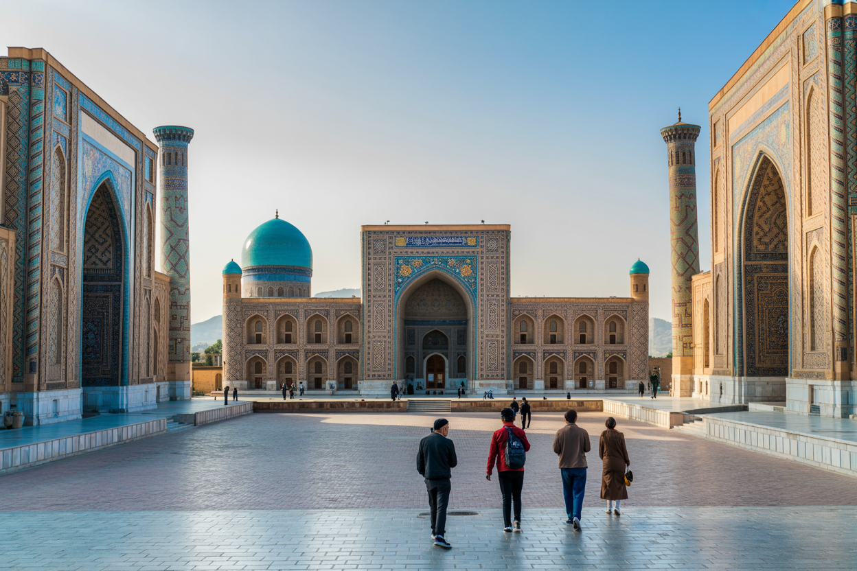 Create a realistic image of the magnificent Registan Square in Samarkand, Uzbekistan, showcasing three ornate Islamic madrasas with intricate blue and turquoise tile work, geometric patterns, and towering minarets under golden hour lighting, with ancient cobblestone courtyard in the foreground, distant mountains visible on the horizon, and a few Central Asian tourists of mixed ethnicities walking through the square wearing modern casual clothing, capturing the essence of Silk Road architectural heritage with warm amber sunlight casting dramatic shadows across the ornate facades. Absolutely NO text should be in the scene.