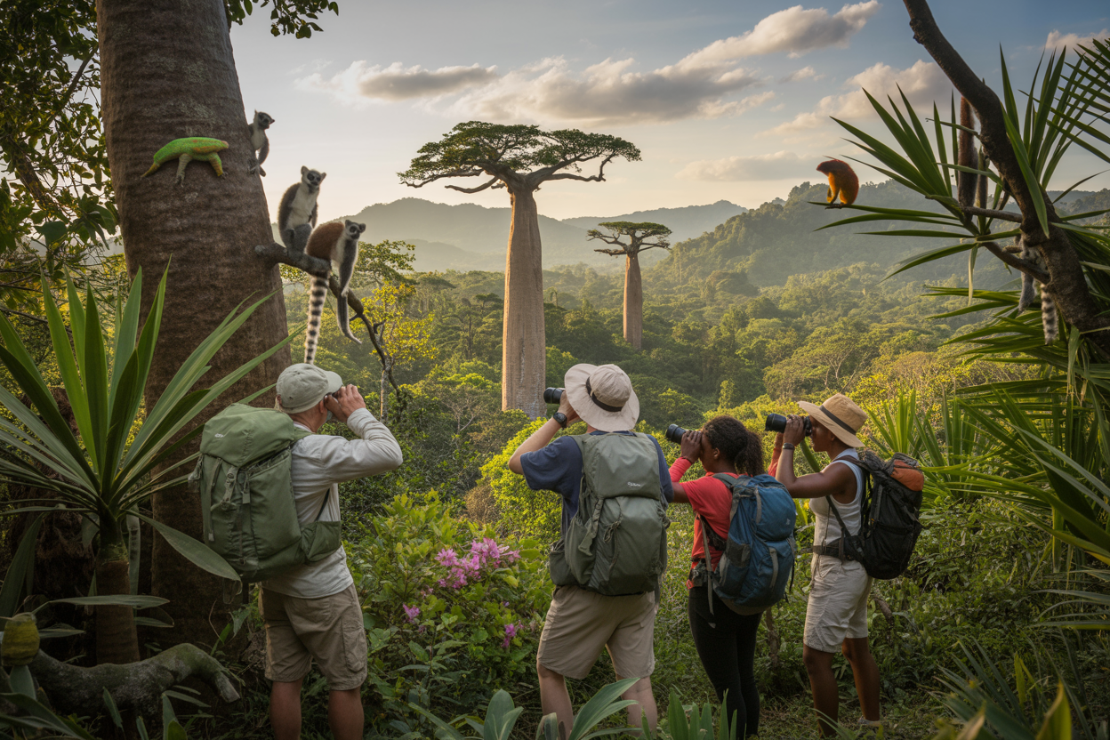 Create a realistic image of Madagascar's stunning biodiversity featuring a lush tropical rainforest with towering baobab trees in the background, colorful lemurs including ring-tailed lemurs perched on branches, exotic chameleons on tree bark, vibrant orchids and endemic plants, with a small group of adventure tourists - two white males and one black female - wearing hiking gear and backpacks observing wildlife through binoculars, golden hour lighting filtering through the canopy creating dramatic shadows and warm atmosphere, showcasing the island's unique ecosystem and eco-tourism appeal, absolutely NO text should be in the scene.