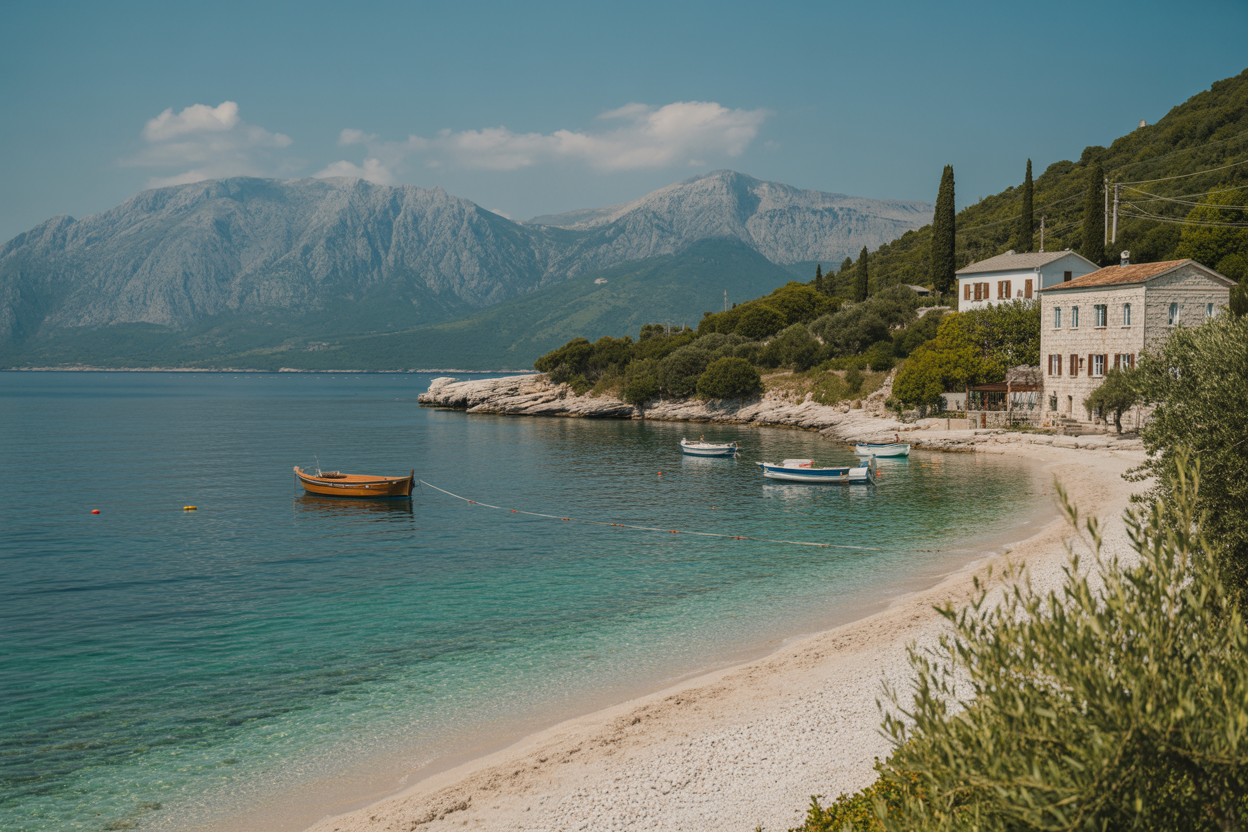Create a realistic image of Albania's stunning Mediterranean coastline with crystal-clear turquoise waters meeting pristine white sandy beaches, dramatic limestone cliffs rising from the sea, and majestic snow-capped mountains visible in the background, featuring lush green vegetation on the coastal hills, a few traditional Albanian stone houses nestled among olive trees, warm golden hour lighting creating a peaceful and inviting atmosphere, with small fishing boats anchored in a secluded bay, absolutely NO text should be in the scene.